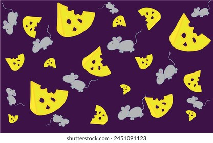 Cartoon pattern of cheese and mice. Pattern for children. Illustration with mice and a slice of cheese for printing on fabric, paper, bed linen, pajamas, stationery, wallpaper, notepads, dishes.