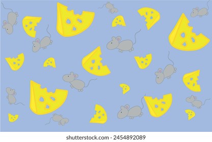Cartoon pattern of cheese and mice. Pattern for children. Illustration with mice and a slice of cheese for printing on fabric, paper, bed linen, pajamas, stationery, wallpaper, notepads, dishes.