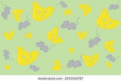 Cartoon pattern of cheese and mice. Pattern for children. Illustration with mice and a slice of cheese for printing on fabric, paper, bed linen, pajamas, stationery, wallpaper, notepads, dishes.