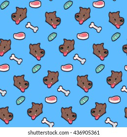 Cartoon pattern for children. Dog related elements, meat, bone, bowl. Print design for wrapping paper, wallpaper, album, notebook, book, card, clothes.