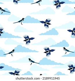 Cartoon pattern Chinese magpie in sky with clouds. The national bird of Korea is the magpie. Black and white long-tailed bird illustration. Wings and tail shine blue.