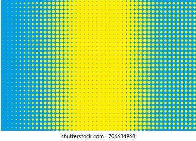 Cartoon pattern with circles, dots Halftone dotted background. Pop art style. Design element, border for web banners, cards, wallpapers. Colorful. Yellow and blue color. Vector illustration