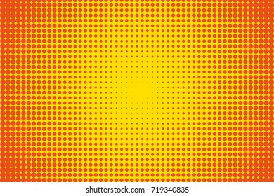 Cartoon pattern with circles, dots, points. Halftone dotted background. Pop art style. Design element, border for web banners, cards, wallpapers.  Yellow and orange color. Vector illustration 