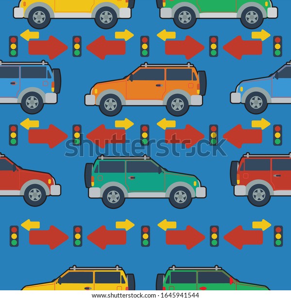 Cartoon pattern of colorful cars, arrows, and\
traffic lights