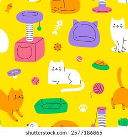 Cartoon pattern with cute cats ans grooming supplies. Seamless vector print with cat accessories.