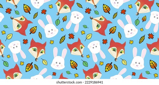 Cartoon pattern with cute fox and rabbits, fairy tail characters  with falling leaves. Print Design Textile for Kids Fashion. Print for textile, wrapper, postcard. 