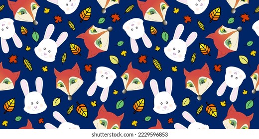 Cartoon pattern with cute fox and rabbits, fairy tail characters  with falling leaves. Print Design Textile for Kids Fashion. Print for textile, wrapper, postcard. 