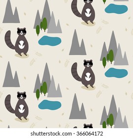 Cartoon pattern with cute raccoon in the forest. Vector illustration