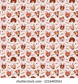 Cartoon pattern with dog heads and woof text. Love for pets. Vector illustration