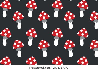 Cartoon pattern with fly agarics. Autumn mushroom pattern. Ideal for children's projects, holiday cards, packaging, textiles and many other designs. Vector illustration.