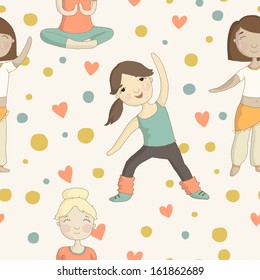 Cartoon pattern with girls involved in sports. Concept seamless pattern in vector. 
