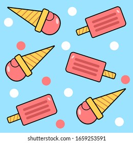 Cartoon pattern with ice cream cones on a blue background. Bright background for design or packaging.