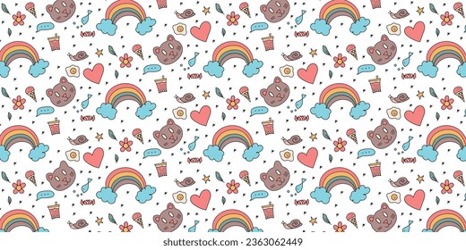 Cartoon pattern, illustrated drawings. Bear and rainbow cartoons