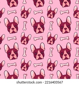 Cartoon pattern with the image of a French bulldog dog's head on a pink background with the addition of dainties, bones. Vector illustration