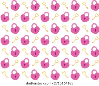 Cartoon pattern key and lock. Valentine's Day design. Isolated background. Vector illustration.