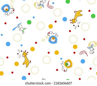 Cartoon pattern of lion, giraffe and rabbit with smooth contours, vector illustration, dotted lines forming circles and colorful big and small circles as background.