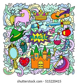 Cartoon pattern with magic and fairy tale objects on abstract background.