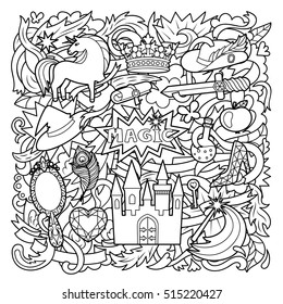 Cartoon pattern with magic and fairy tale objects on abstract background. Black and white coloring page