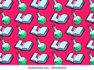 Patrón de caricatura con pociones mágicas y libros de brujas, patrón colorido
