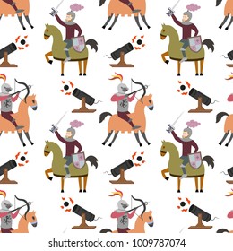 Cartoon pattern with medieval characters on white background. Vector illustration.
