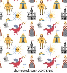 Cartoon pattern with medieval characters on white background. Vector illustration.
