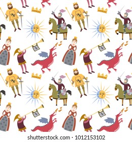 Cartoon pattern with medieval characters on white background. Vector illustration.
