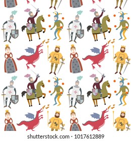 Cartoon pattern with medieval characters on white background. Vector illustration.
