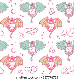 Cartoon pattern with monsters angel and yo. Colored children seamless background with funny animals.