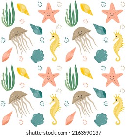 Cartoon pattern of nautical elements. Shells, jellyfish, seahorse, water plant, starfish. Vector illustration 