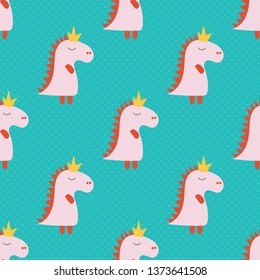 Cartoon pattern with pink cartoon baby dinosaur pattern on green background. Dinosaur baby girl cute print. Cute cartoon dino design. Cute cartoon wild animal. Vector illustration background.