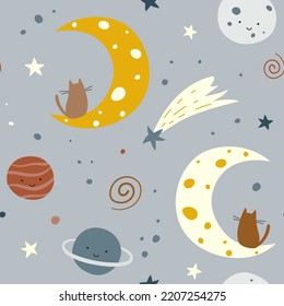 Cartoon pattern with planets, moon, comets and stars. Good for children's clothing, textiles.