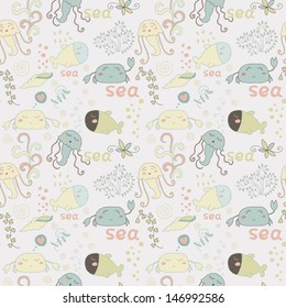 Cartoon pattern with sea inhabitants: fish, crabs, jellyfish, seaweed. Cute seamless pattern with underwater life eps 10 