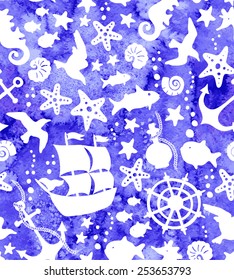 Cartoon pattern with sea life. Kids seamless vector watercolor pattern with ships, sea stars, seahorse and seagull.