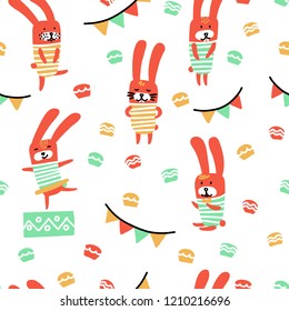 Cartoon pattern seamless with cute bunnies for typography, poster, card, label, brochure, flyer, page, banner design. Vector background illustration