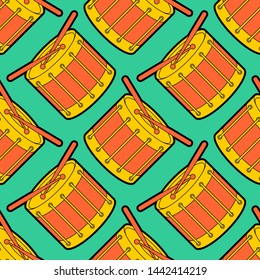 Вrum cartoon pattern seamless. Percussion musical instrument background. Children cloth texture