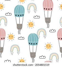 Cartoon pattern seamless vector background Balloons float in the sky with clouds and rainbows. hand-drawn design in children style. Use for printing, wallpaper, decoration, textiles