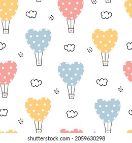 Cartoon Pattern Seamless Vector Background heart balloons floating in the sky with clouds Hand-drawn design in children's style. Use for print, wallpaper, decoration, fabrics, textiles.