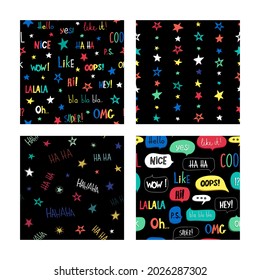 Cartoon pattern set teens text for fashion lifestyle design. Vector fabric seamless graphic color background. Creative trendy character. Modern texture.