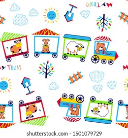 cartoon pattern of several pets riding on a train, vector illustration, clouds, sun, trees and others in the background