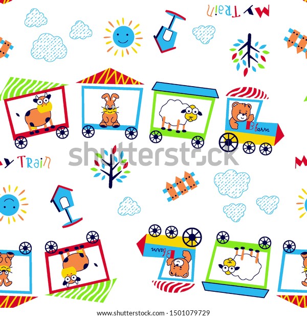 cartoon\
pattern of several pets riding on a train, vector illustration,\
clouds, sun, trees and others in the\
background