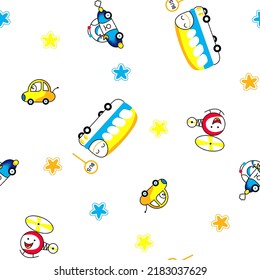 Cartoon pattern of several types of ground transportation and helicopter with smooth contours, vector illustration, star image as an ornament.