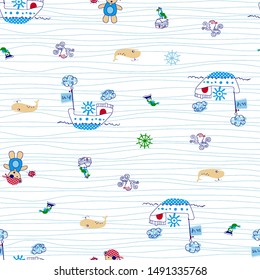 cartoon pattern of a ship, a bear in the style of a pirate, vector illustration, a whale, an octopus, a rudder and a bird on a crate as a combination, irregular wavy horizontal lines in the background