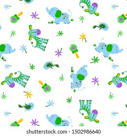 Cartoon pattern of some protected animals, vector illustration, grass, leaf as ornament, suitable for baby clothes design