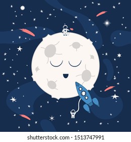 Cartoon pattern with spaceship in the night space near moon. Futuristic background with astronaut, comets and stars. Galaxy wallpaper for kids.