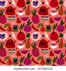 cartoon pattern with the tea party, many fruits, berries, cups of tea, and coffee. seamless vector pattern with healthy food and drinks, created for the design of fabrics, wallpapers, and other soluti