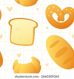 Patrón de dibujos animados con panadería texturizada. Impresión de Vector sin fisuras con pasta doodle.