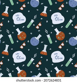 Formación sobre el patrón de dibujos animados en laboratorios para niños. Los antecedentes infantiles con la Química de Inscripción. Sustrato textil para una lección en una escuela en línea. Ilustración del vector