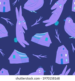 Cartoon pattern in violet blue colors. Rabbit, two types of houses, twigs and a bird. Vector illustration.