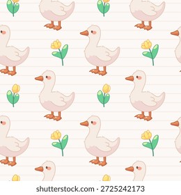 Patrón de dibujos animados con ganso blanco y tulipán floreciente. Azulejo de repetición sin costura de Vector para niños, Pascua y decoración de primavera