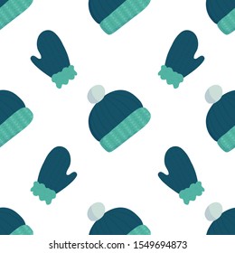 Cartoon pattern with wool winter green hat on white backdrop for wallpaper design, wrapping paper, fabric, textile. Seamless vector background.